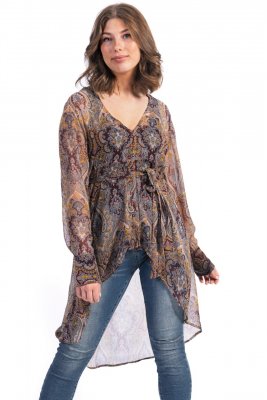 Capri Collection 6060412 Valerie skjorta tunika paisley mönster knytskärp v-ringad lång ärm wine camel petrol