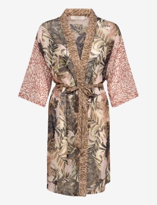 Cream 10608180-101381 Anopo kimono mönstrad chiffong rak vid ärm knytskärp brown palm animal mix