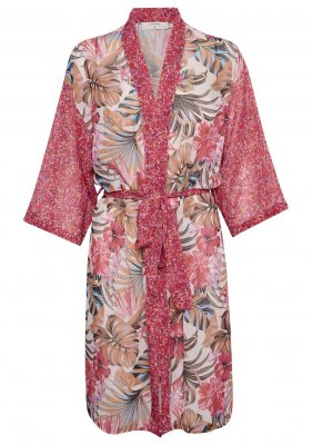Cream 10607989-102862 Danica patchwork kimono mönstrad chiffong rak vid ärm knytskärp tropical leaf patchwork